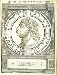 Iustinianus II, Illustration aus Imperatorum romanorum omnium orientalium et occidentalium verissimae imagines ex antiquis numismatis, Holzschnitt von Rudolph Wyssenbach, gedruckt von Andreas Gesner, Zürich